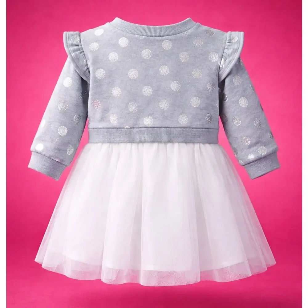 New Roots & Threads Toddler Girls Sweater Dress 12M Gray Silver Polka Dot Tulle